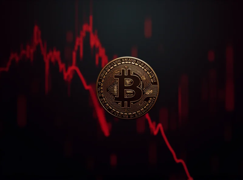 Dramatic depiction of a Bitcoin coin falling rapidly through the air, surrounded by red arrows and graphs showing downward trends.