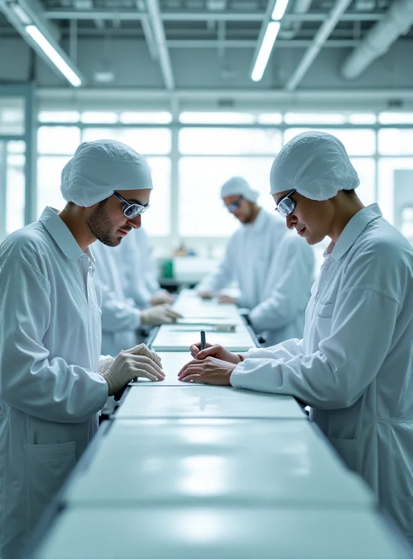 A clean and modern factory interior with workers in professional attire overseeing production processes, symbolizing ethical manufacturing and quality control at Manufactures Dior.