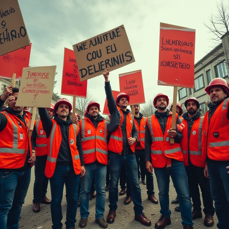 A group of striking workers holding signs and banners outside the Stellantis Pomigliano plant, expressing their dissatisfaction with the bonus and corporate compensation policies.