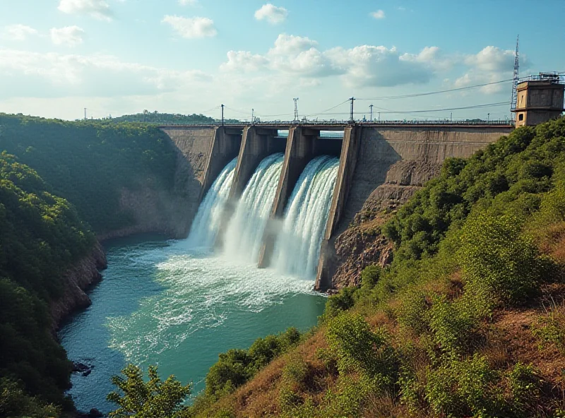 Hydroelectric dam in Paraguay with Bitcoin mining equipment in the foreground, suggesting clean energy cryptocurrency mining.