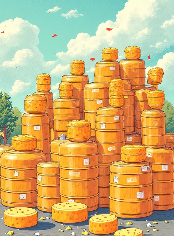 Illustration of various goods being stockpiled - helium tanks, maple syrup barrels, cheese wheels, and Bitcoin logos