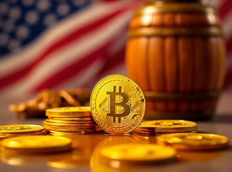 A stack of golden coins with Bitcoin logo, next to a barrel of maple syrup, with the US flag in the background