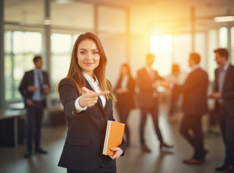 A young professional confidently shaking hands in a modern office environment, symbolizing networking and career success.