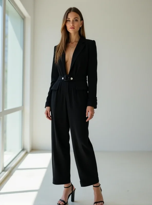 A woman confidently standing in a modern office, wearing stylish and comfortable black work pants.