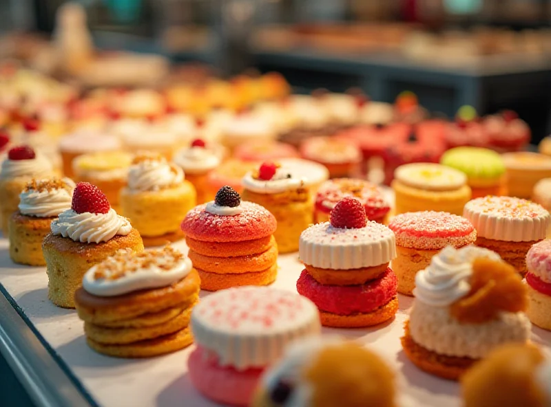 An assortment of colorful and delicious desserts from a bakery, including cakes, cookies, and pastries.