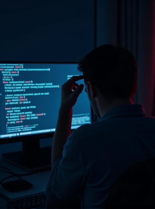 A perplexed person staring at a computer screen filled with lines of code, symbolizing the disappointing coding performance of GPT-4.5.