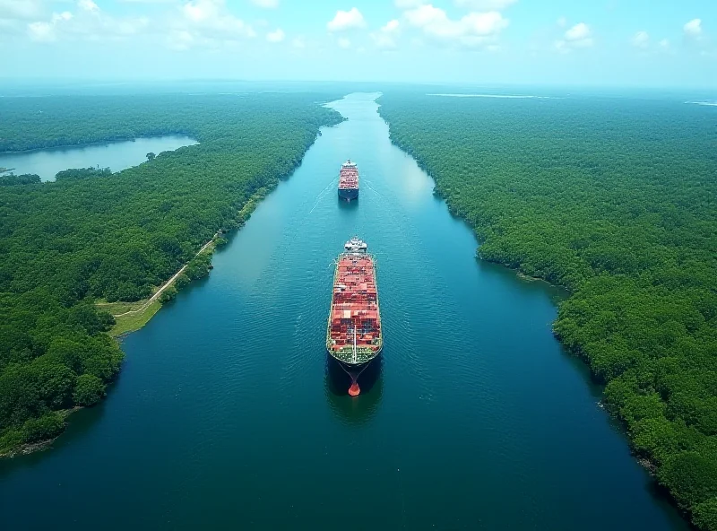 Aerial view of ships passing through the Panama Canal, illustrating its importance to global trade.