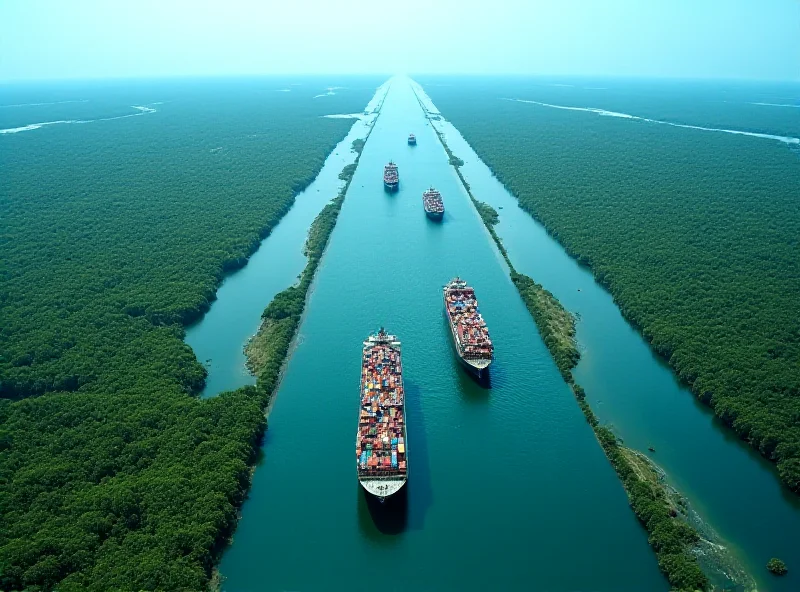 Aerial view of the Panama Canal with container ships passing through the locks.