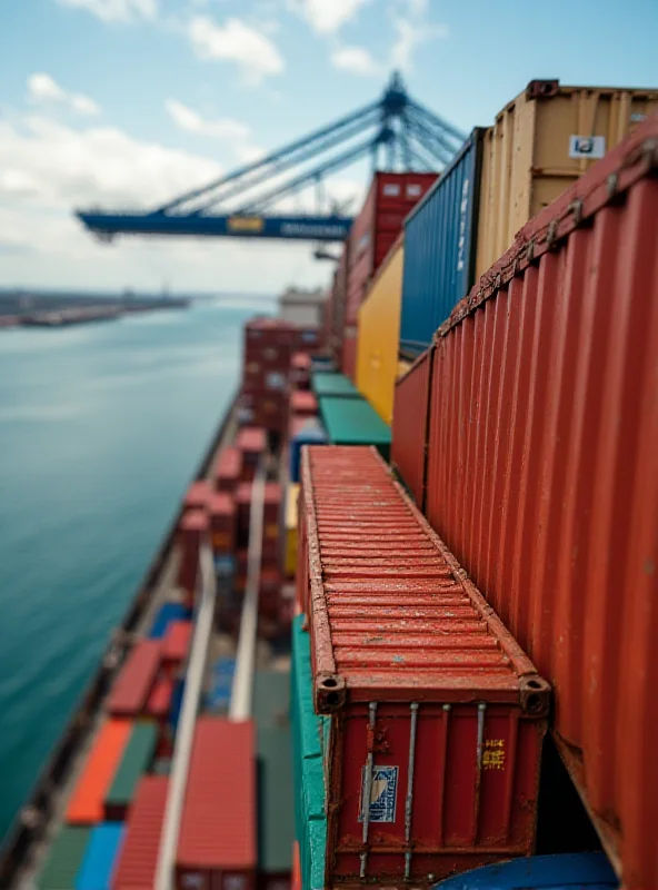 A close-up shot of shipping containers stacked high on a cargo ship, with the Panama Canal visible in the background.