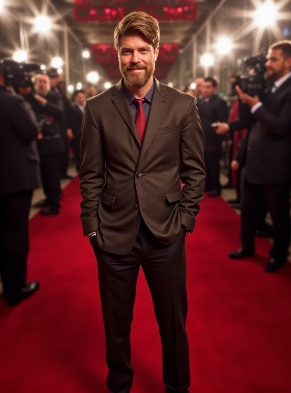 Brandon Sklenar smiling confidently on a red carpet, wearing a stylish and potentially symbolic outfit.