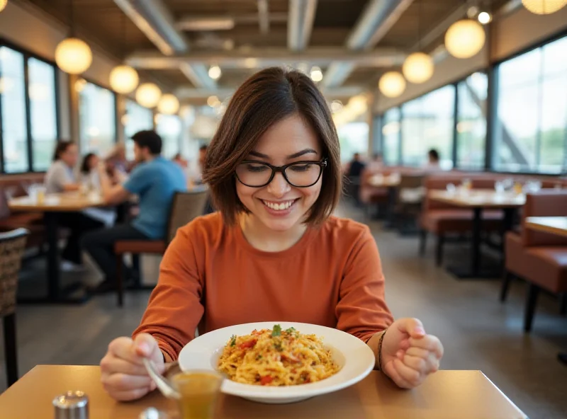 A person happily dining alone in a restaurant.