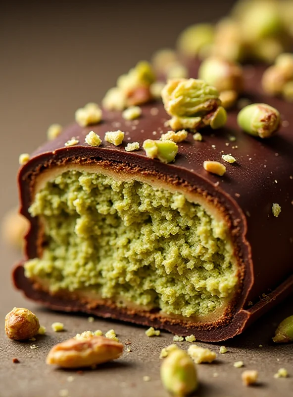 Close-up of a pistachio-filled Dubai chocolate bar.