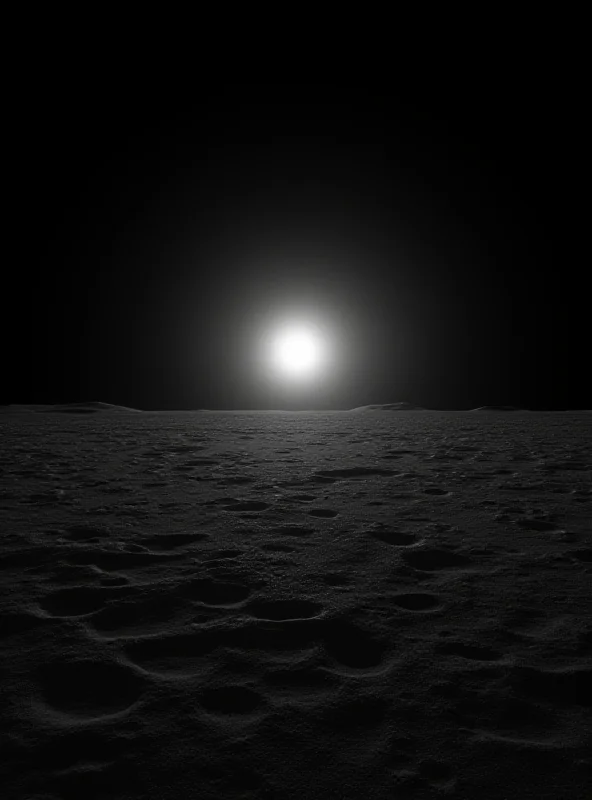 Black and white photograph of the lunar surface with the sun rising over the horizon