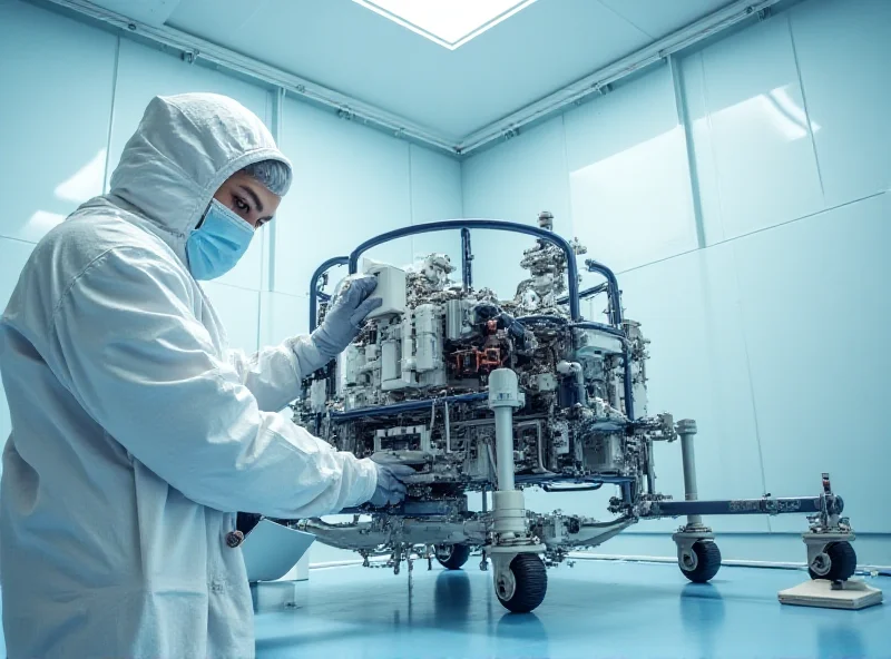 Technician in a cleanroom working on the Blue Ghost lander