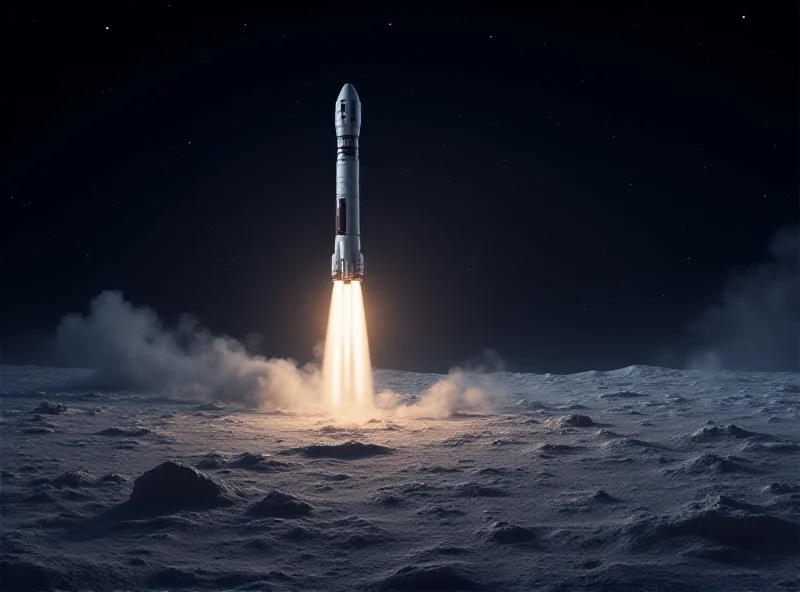 Illustration of the New Shepard rocket launching with lunar landscape in the background.