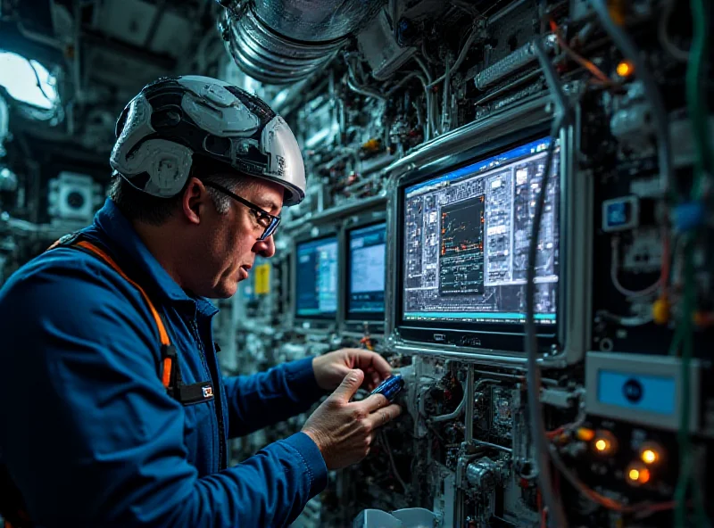 A Blue Origin engineer working on equipment inside the New Shepard capsule, with wires and monitors visible.