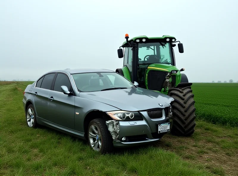 A damaged BMW after colliding with a tractor in a rural area.