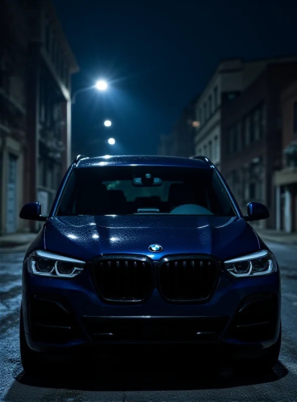 A BMW X5 missing its headlights and bumper in a dimly lit street.