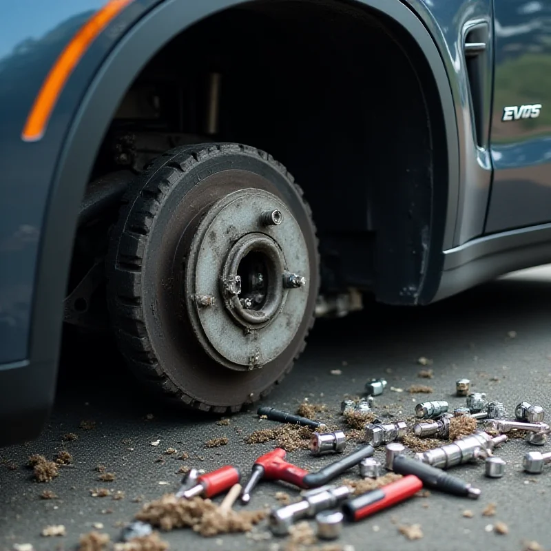 Close up of a missing wheel on a BMW X5, with tools scattered on the ground.