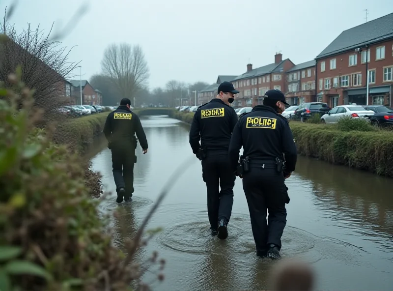 Police officers searching a riverbank with a retail park visible in the background.