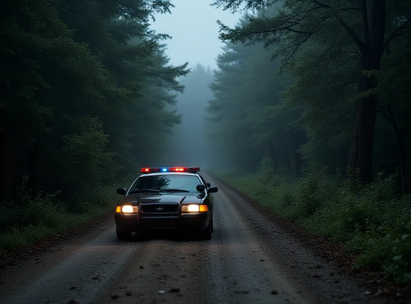 Police car at a forest scene, possibly in Borinka, Slovakia. The scene is overcast and somber.