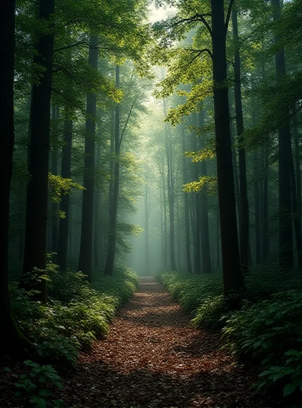 A dense forest landscape with tall trees and dappled sunlight filtering through the canopy. The ground is covered in fallen leaves and undergrowth, creating a mysterious and secluded atmosphere.