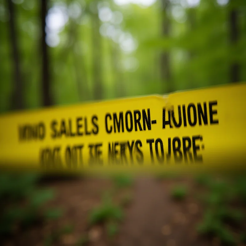 A close-up of police tape stretched across a wooded area, indicating a crime scene. The tape is yellow and black, and the focus is on the lettering and the blurred background of trees and foliage.