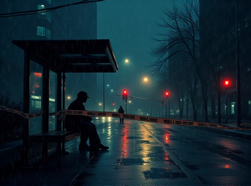 A somber scene depicting a bus stop at dusk, with police tape cordoning off the area.