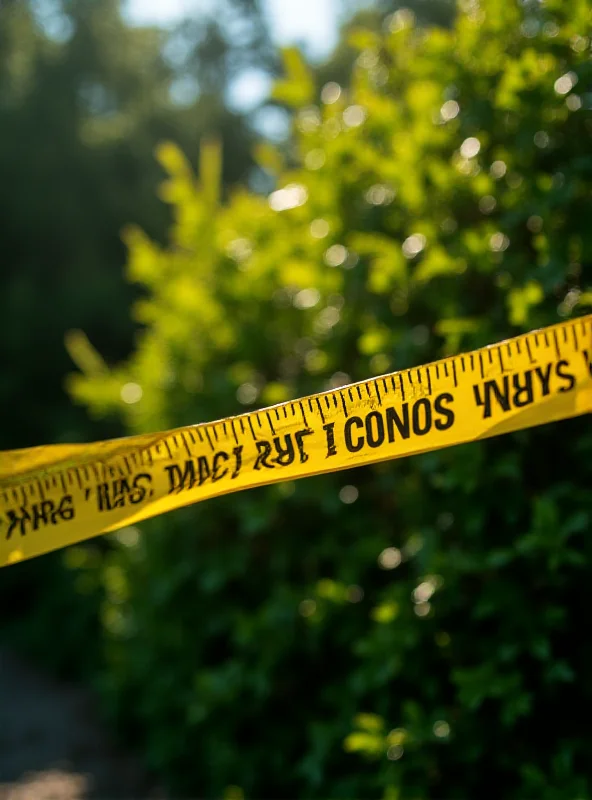 A close-up shot of police tape fluttering in the wind near a dense thicket of bushes.