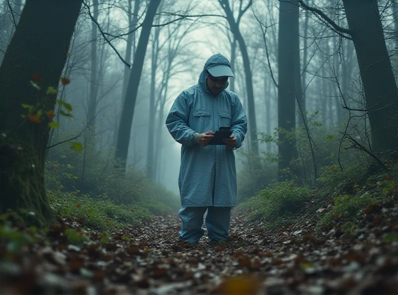 A detective examining evidence at a crime scene in a wooded area, using forensic tools.