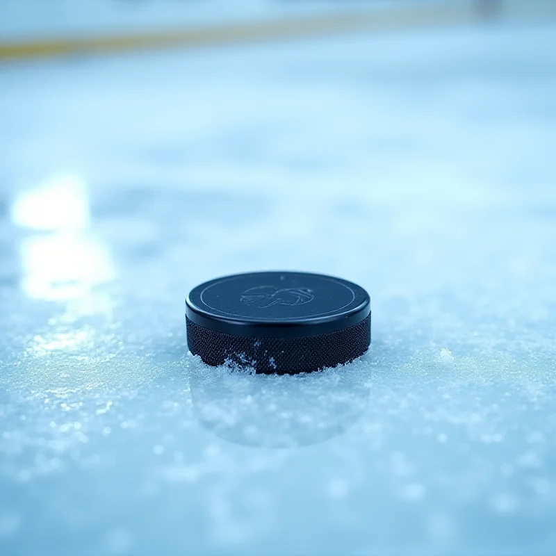 A hockey puck on the ice during a game.