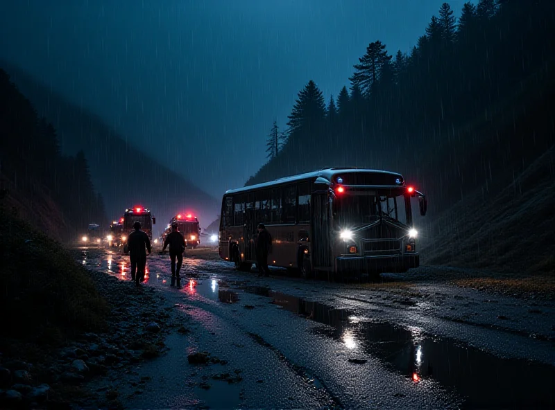 A nighttime scene of emergency responders at the site of a bus crash in a mountainous region. The bus is severely damaged, and flashing lights illuminate the scene. Rain is falling, and the overall mood is somber and chaotic.