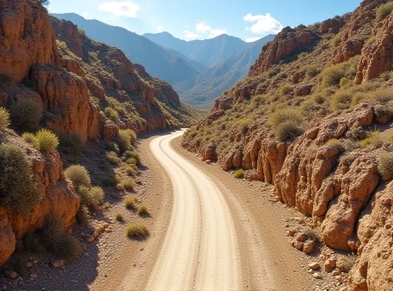 Aerial view of a winding mountain road in Bolivia. The road is narrow and unpaved, with steep cliffs on either side. The landscape is arid and mountainous, with sparse vegetation. The image highlights the challenging driving conditions in the region.