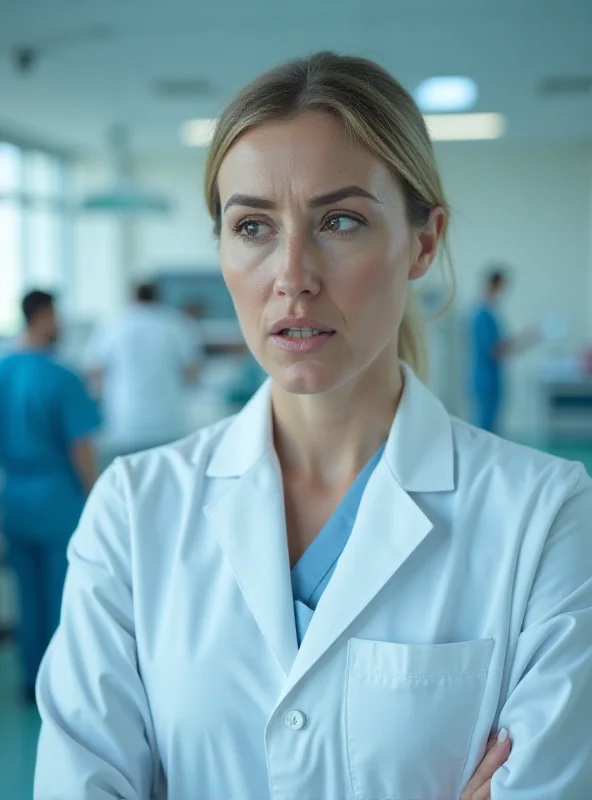 A doctor looking concerned while wearing a white coat in a hospital setting.