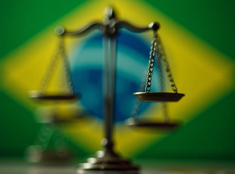 Scales of justice with a subtle Brazilian flag in the background.