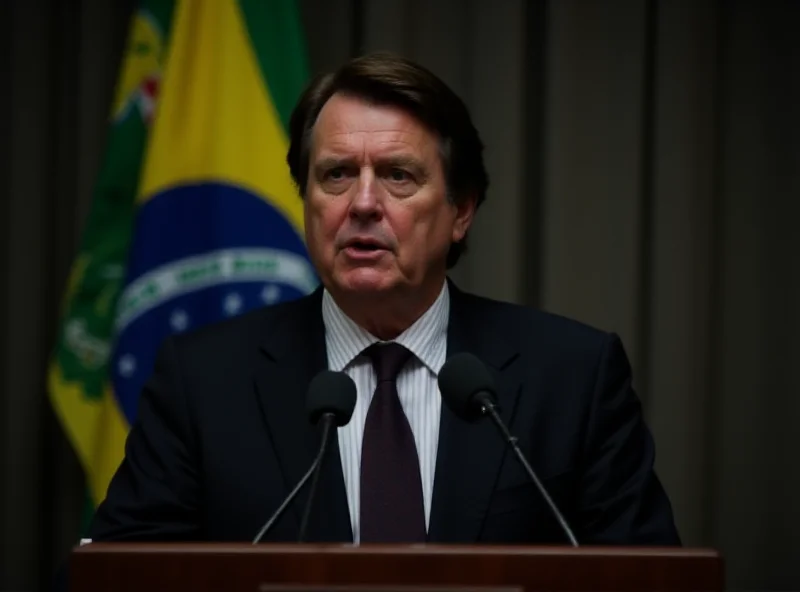 Jair Bolsonaro speaking at a podium, looking serious, with the Brazilian flag in the background