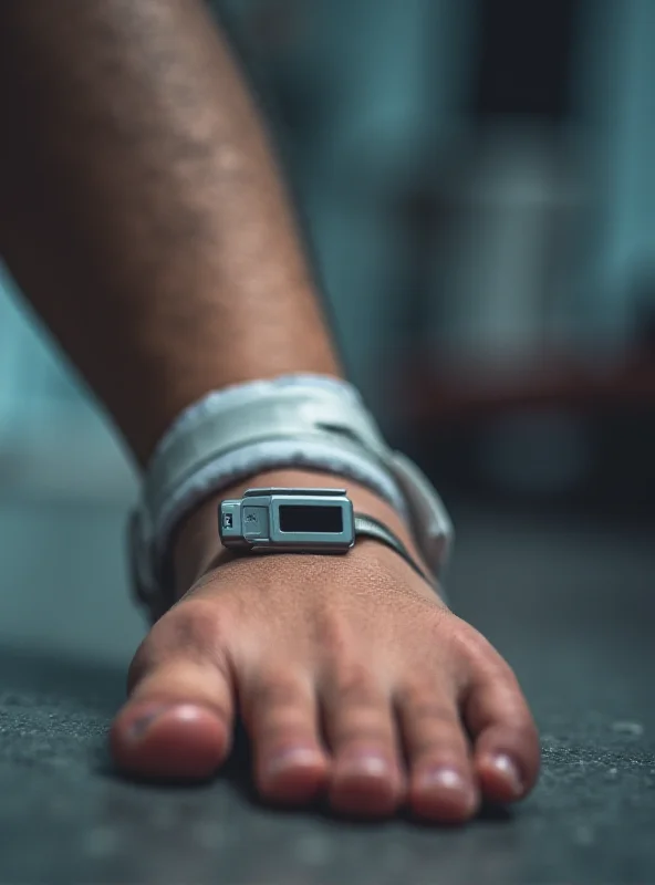 Ankle bracelet used for electronic monitoring, close-up shot