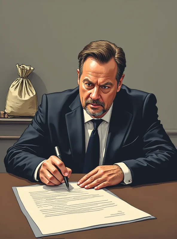 An illustration depicting a politician signing a legal document, with a subtle shadow representing a bag of money in the background.