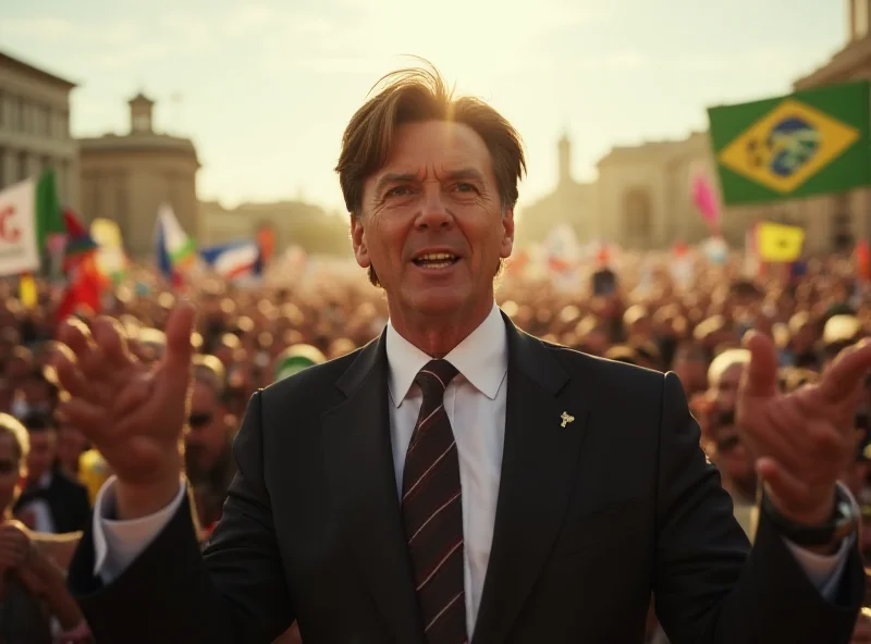 Jair Bolsonaro speaking at a rally with a microphone, surrounded by supporters. The scene is energetic and crowded.