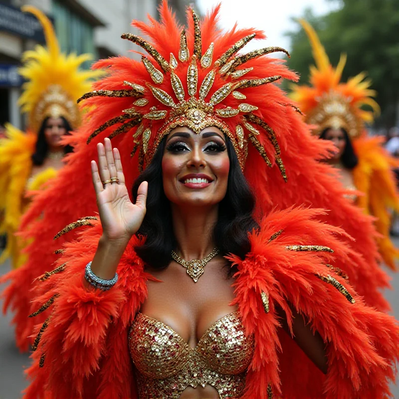 Erika Hilton dressed in elaborate carnival attire, smiling and waving to the crowd. She is surrounded by other performers and vibrant decorations.