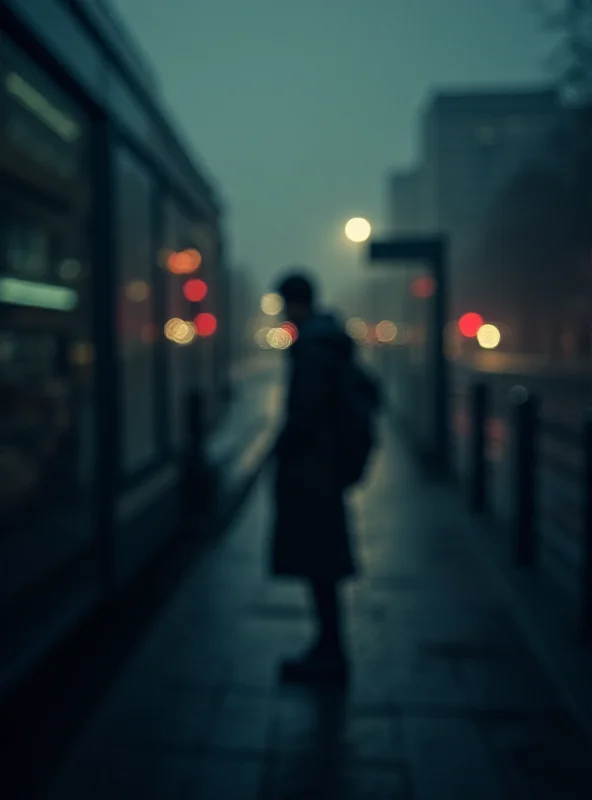 A somber image depicting a bus stop at dusk, with a blurred figure waiting for a bus. The scene evokes a sense of foreboding and the vulnerability of young people commuting alone.