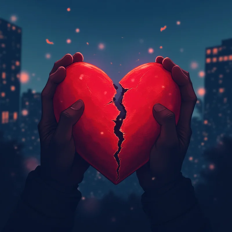 A digital illustration showing a stylized broken heart, symbolizing the pain and loss associated with the Vitória case. The background is a blurred cityscape at night, conveying a sense of urban isolation.