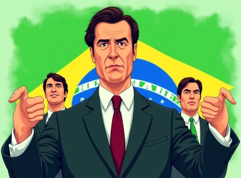 Illustration of Bolsonaro standing defiantly in front of the Brazilian flag, with Tarcísio and Mourão in the background.