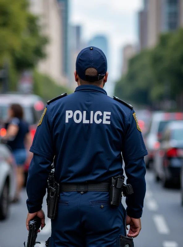 A Metropolitan Civil Guard officer patrolling a busy street in São Paulo.