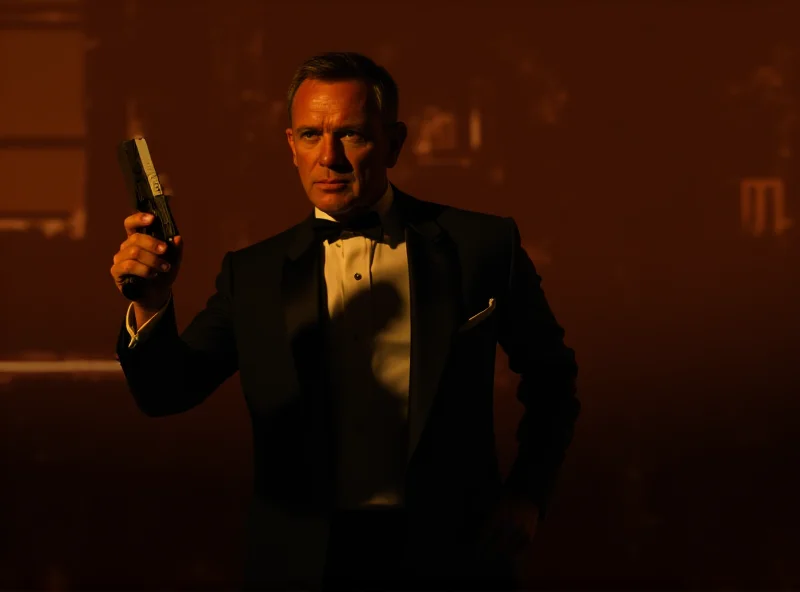 James Bond in action, holding a Walther PPK, in a dynamic pose against a luxurious casino background. He is wearing a sharp tuxedo, and the scene is lit with dramatic, cinematic lighting.