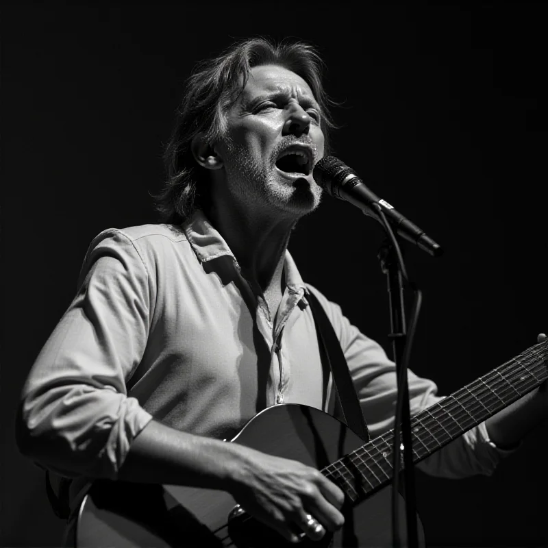 A black and white portrait of Vladimir Vysotsky singing passionately. He is holding a guitar and is wearing a simple shirt. The background is a blurred concert stage.