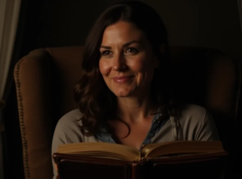 A woman holding an old book, looking thoughtful