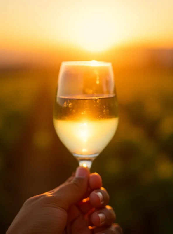 A glass of white wine in a vineyard at sunset