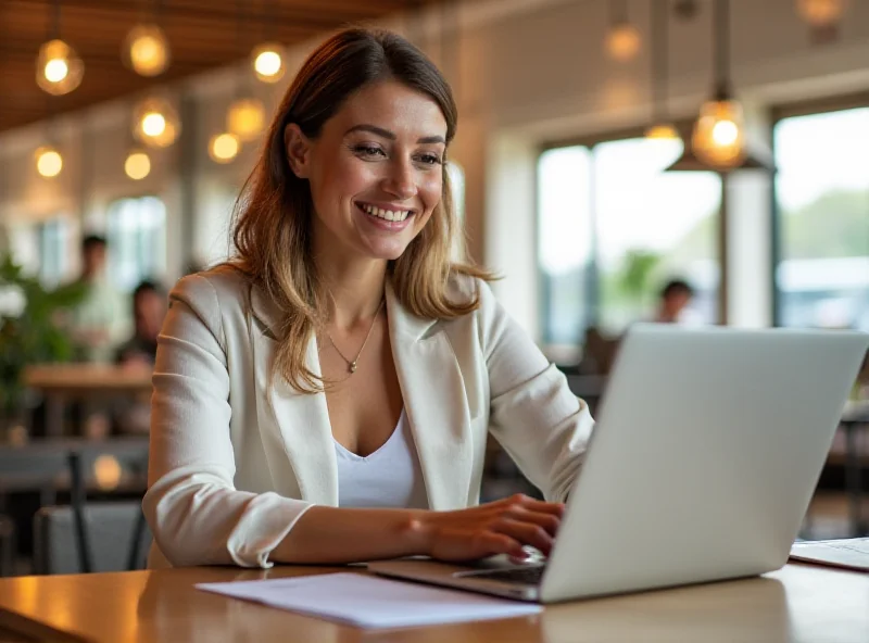 A freelancer working at a coffee shop, smiling as they read a positive client testimonial on their laptop.