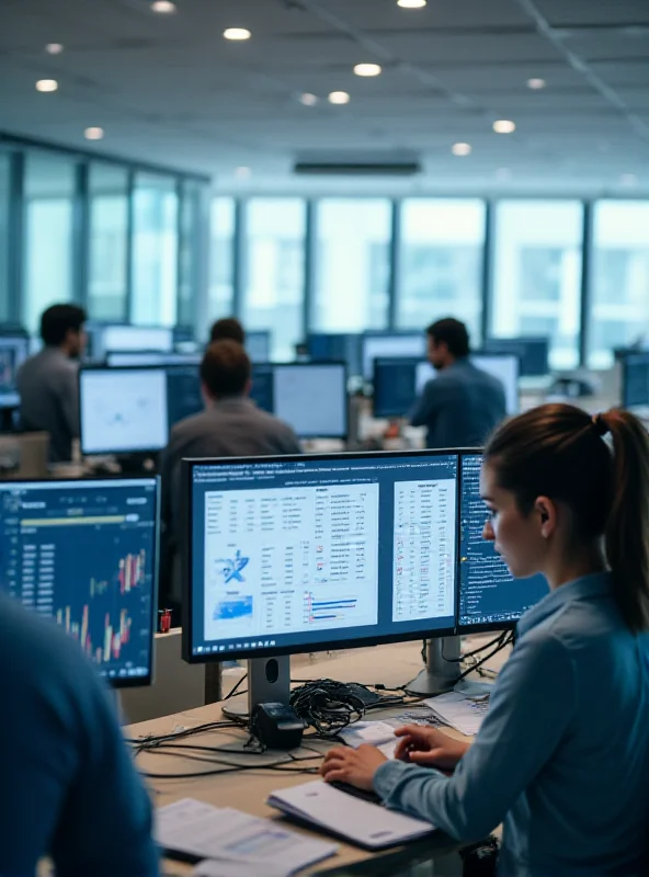 A modern office environment with employees working on computers, emphasizing the shift towards automation in accounts receivable.